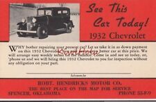 Postcard See This Car Today 1932 Chevrolet Robt Hendricks Motor Co Spencer OK picture