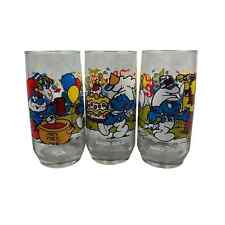 Vintage 1983 Wallace Smurf Drinking Glasses Papa, Baker & Hefty Smurf 3PC Lot picture