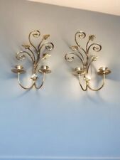 2 Vtg Homco Home Interior Brass MCM Leaf Wall Sconce Candleholder Scroll Leaves picture