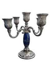 Antique Victorian Style 5-Place Silver Candle Holder with Lapis Lazuli Gemstone picture