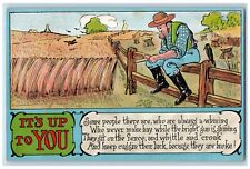 1908 Farmer Its Up To You Motto Sitting Fence Bird Embossed Antique Postcard picture