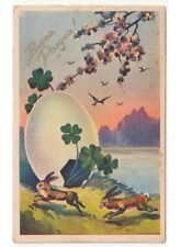 1935 Rabbit Egg Leaf Clover Swallows Peach Card Vintage Happy Easter picture