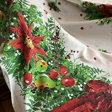 Large Vintage Christmas Tablecloth MCM Bright Poinsettia Bows Border 72W x 90L picture