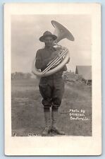 Bedford Iowa IA Postcard RPPC Photo US Army Camp Tuba Musician c1910's Antique picture