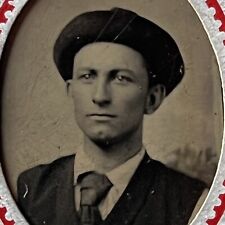 Antique Tintype Photograph Very Handsome Young Man Chin Dimple Hat picture
