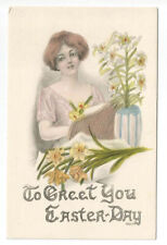 Easter Postcard Pretty Lady Flowers Vintage picture