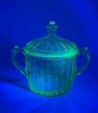 Vintage 5” Green Handled Uranium Glass Sugar/ Jar with Lid Glows Bright. FRSHPG picture