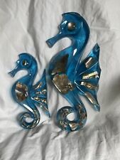 Vintage acrylic lucite seahorse pair set 2 abalone MOP shell blue wall art 12