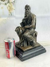 Real Bronze on Marble Base Signed Sculpture Moses Holding 10 Commandments Decor picture