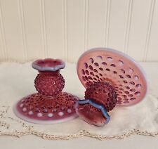 Fenton Vintage Pair Of Plum Opalescent Hobnail Glass Candlestick Holders  picture