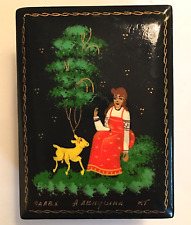 VTG Hand Painted Signed Russian Black Lacquer Hinged Cigarette Box Lady Spring picture
