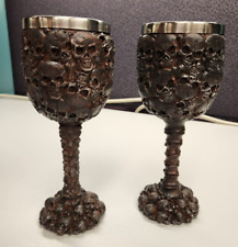 Ebros Stacked Skulls Red Rust Wine Goblet Metal Resin Catacombs picture