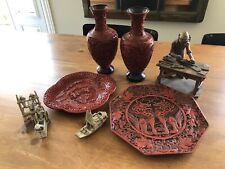 Vintage Antique CINNABAR Laquer Chinese Lot Vases Plates & Sculptures picture