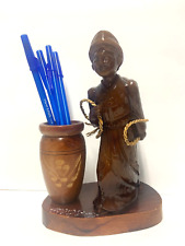 Vintage Asian Chinese Wooden Hand Carved Man Carrying Sack & pen holder 8