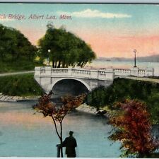 c1910s Albert Lea, MN Hatch Bridge Nice Litho Photo Man Lake Tree Sunset PC A202 picture