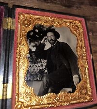 Excellent Civil War Era Tintype Photo Handsome Casual Man Beard & Flowers 1860s  picture
