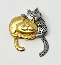 Vintage Danecraft Silver & Gold Tone Cuddly Cats with Dangle Tails Brooch Pin picture