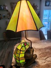 Vintage Tiffany Style Stained Green Art Glass Frog With Umbrella Lamp excellent picture