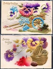 Two BEAUTIFUL EMBOSSED AIRBRUSHED Pansy Postcards GOLD WAGON~Flowers~Germany  picture