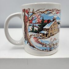 Vintage 1988 Houston Foods Christmas Mug 12 oz Cardinal Winter Snow Barn Rustic picture
