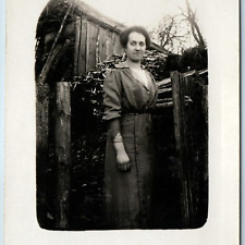 c1910s Balding Lady Outdoors RPPC Lovely Woman Rustic Home House Fence Card A212 picture