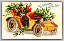 Happy Christmas Joy Greeting Golden Old Car Holly C1900's Embossed Postcard N8 picture
