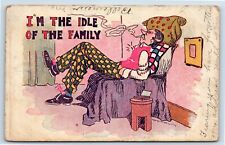 Postcard I'm The Idle Of The Family Man Lounging with Pillow and Cigarette c1909 picture