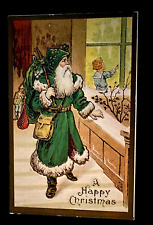 Green Robe Santa Claus at Window~Child~Toys~ Antique Christmas~Postcard~k385 picture