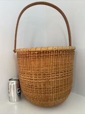 Vintage Large Round Nantucket Basket with Swing Handle Wood Base 13” Diameter picture