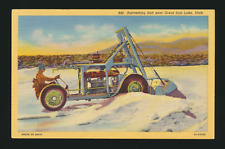 LOVELY 1930 era LINEN POSTCARD SALT HARVESTER AT WORK AT GREAT SALT LAKE UTAH UT picture