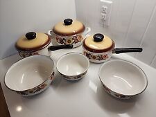Vintage Harvest Blossom 9 Piece Porcelain Enamel Cookware & Mixing Bowls 70s picture