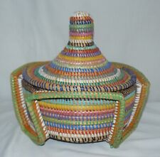 Woven Lidded Basket Multi-Color Straw Thick Round 10x10