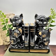 Vintage Black Cat Bookends Japan Ceramic Gold Academia Library Shelf Decor Cute picture