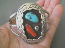 Native American Navajo Coral Turquoise Sterling Silver Stamps Shadowbox Bracelet picture