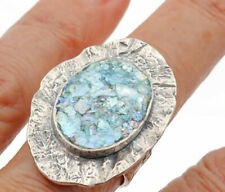  Roman Glass Ring Sterling Silver 925 Antique Oval Fragments 200 B.C Size:9   picture