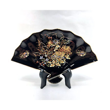 VTG Black w/Hand Painted Golden Florals Fan Shaped Trinket Dish Imperial Kiku  picture