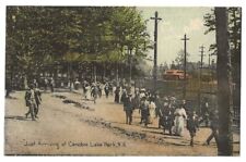 Canobie Lake Park, New Hampshire c1908 men and women arriving, old trolley car picture