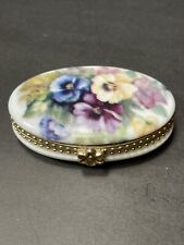 Vintage Porcelain Pansies Floral Trinket Pill Box Hinged Lid Cottage Core picture