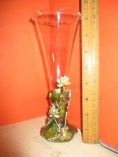 Art Nouveau style Vase- Pewter Enameled Metalic Base w/Bejewled Frog, 2-pc EUC picture