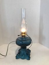 Antique Cobalt Blue Princess Feather Glass Kerosene Oil Lamp Electrified picture