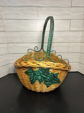 Vintage Woven Wicker & Metal Leaf Pattern Decorative Basket w/ Handle 13.5 x 11