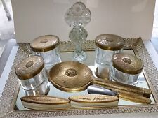 Vintage Filigree Vanity Dresser Set Mirrored Tray 10 Pc Gold toned metal Perfume picture