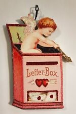 CUPID in MAILBOX of LOVE LETTERS, HEARTS * Glitter VALENTINE ORNAMENT *  Vtg Img picture