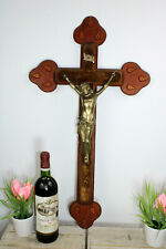 Antique XL French WW2 Tramp art Wood carved crucifix cross religious  picture