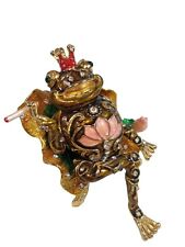 Golden King Bejeweled Frog Trinket Box On Lotus Leaf Smoking  FABERGE picture