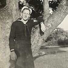 Vintage B&W Snapshot Photograph Handsome Young Navy Man Uniform Leaning On Tree picture