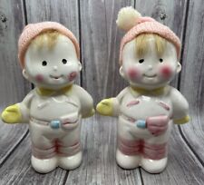 2 Vintage Ceramic Toddler/Child Shaped Banks w/Pink Knit Hats VINTAGE Set of 2 picture