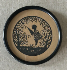 Vintage Hand-Cut Paper Silhouette Girl in Garden Cameo Victorian Framed picture