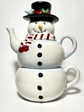 Snowman 3pc White Ceramic Stacking Tea Pot Hand Painted Trim Black Hat Blue Jay picture