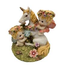 Vintage 1990s Hand Painted Resin Unicorn Figurine Laying Down W/ Cherub Babies picture